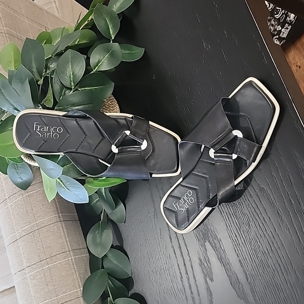FRANCO SARTO Molana Leather Sandals 7.5 Slides Minimalist Buckle Square Toe - Picture 11 of 15